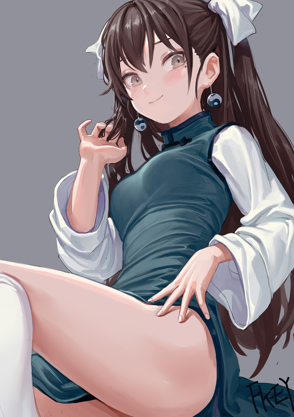 1girl artist_name ass bangs black_hair blue_dress blush breasts brown_eyes china_dress chinese_clothes dress earrings eyebrows_behind_hair feet_out_of_frame fkey grey_background hair_between_eyes hair_ribbon hand_up highres jewelry kneehighs long_hair long_sleeves medium_breasts mole mole_under_eye original ribbon signature simple_background solo thighs two_side_up white_legwear white_ribbon wide_sleeves yin_yang yin_yang_earrings