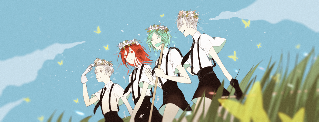 4others alternate_costume androgynous antarcticite blue_sky bug butterfly cairngorm_(houseki_no_kuni) colored_eyelashes commentary_request crystal_hair flower_wreath gem_uniform_(houseki_no_kuni) gloves grass green_hair grey_eyes hair_over_one_eye happy houseki_no_kuni insect kawa_(hinata01603) long_bangs mercury multiple_others necktie open_mouth outdoors phosphophyllite red_eyes redhead shinsha_(houseki_no_kuni) short_hair silver_hair sky smile sword weapon white_eyes white_hair