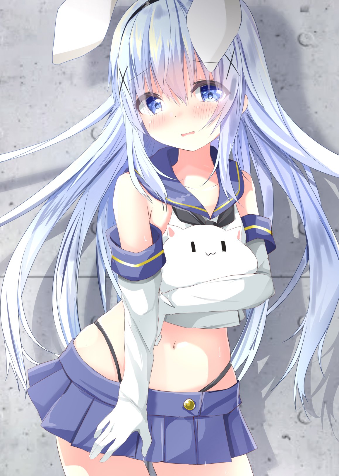 1girl animal black_panties blue_eyes blue_hair blue_skirt blush cosplay crop_top elbow_gloves gloves gochuumon_wa_usagi_desu_ka? hair_ornament hairband hairclip highleg highleg_panties highres kafuu_chino kantai_collection kouda_suzu light_blue_hair long_hair microskirt navel open_mouth panties rabbit sailor_collar shimakaze_(kantai_collection) shimakaze_(kantai_collection)_(cosplay) skirt solo striped striped_legwear thigh-highs tippy_(gochiusa) underwear white_gloves white_hair x_hair_ornament