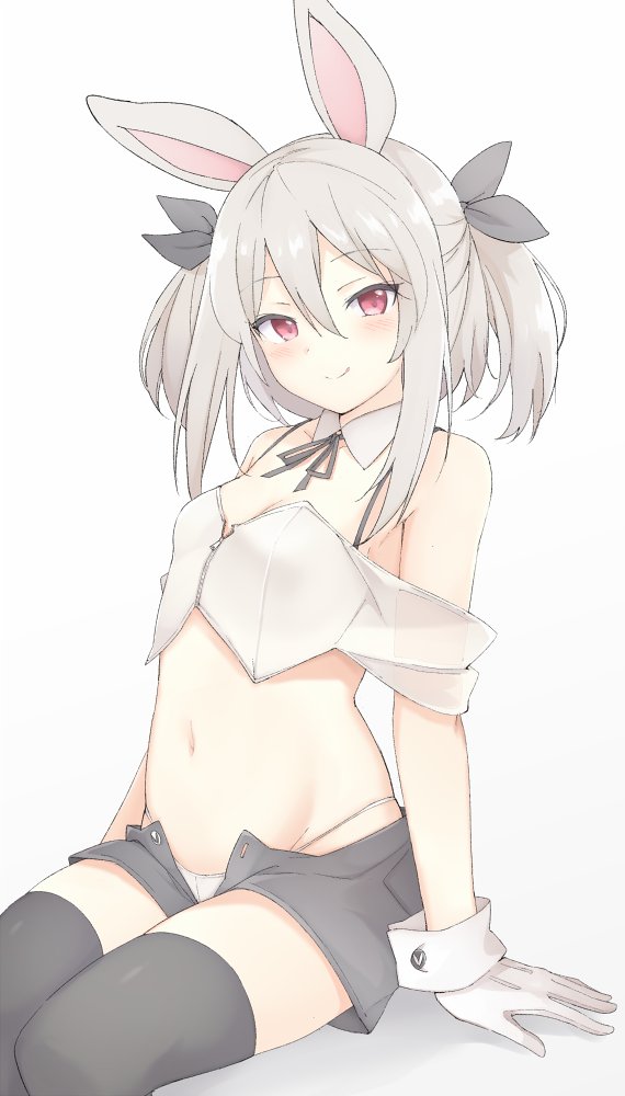 1girl animal_ears bare_shoulders black_legwear black_ribbon black_shorts blush bra_strap breasts crop_top detached_collar gloves half-closed_eyes looking_at_viewer mobu navel off_shoulder open_fly panties rabbit_ears red_eyes ribbon short_shorts shorts silver_hair simple_background small_breasts smile solo stomach striped striped_panties thigh-highs twintails underwear unzipped white_background white_gloves white_panties wrist_cuffs