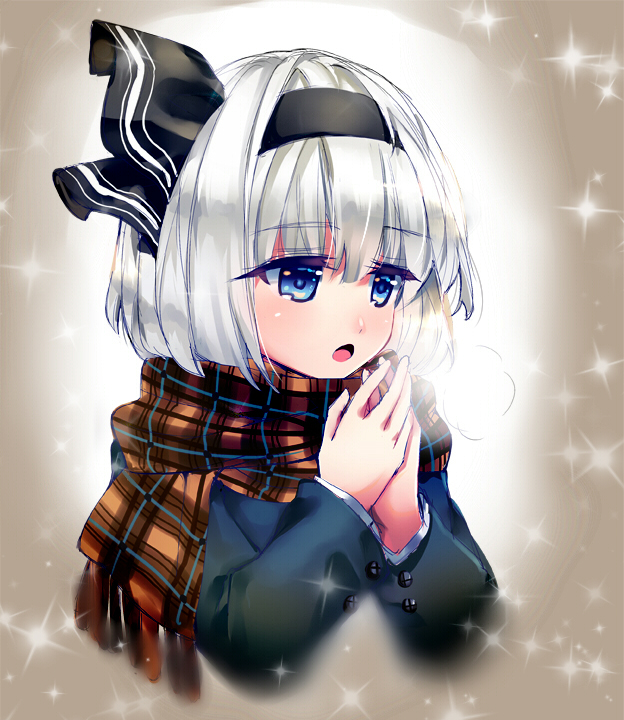 1girl :o black_hairband black_ribbon blue_eyes blush breath brown_scarf commentary_request cropped_torso grey_background grey_coat hair_ribbon hairband hands_up konpaku_youmu long_sleeves nagare open_mouth plaid plaid_scarf ribbon scarf short_hair silver_hair solo sparkle touhou upper_body