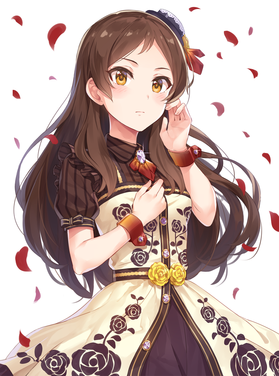1girl bangs black_hat blush brooch brown_dress brown_eyes brown_hair closed_mouth collared_dress commentary_request cowboy_shot dress expressionless floral_print flower frilled_dress frills glint hair_tucking hand_on_own_chest hands_up hat highres idolmaster idolmaster_million_live! idolmaster_million_live!_theater_days jewelry kitazawa_shiho long_hair looking_at_viewer mini_hat parted_bangs petals print_dress rose rose_petals rose_print short_sleeves solo standing striped tilted_headwear vertical-striped_dress vertical_stripes wavy_hair white_background wrist_cuffs yellow_flower yellow_rose yuuhi_(ages)
