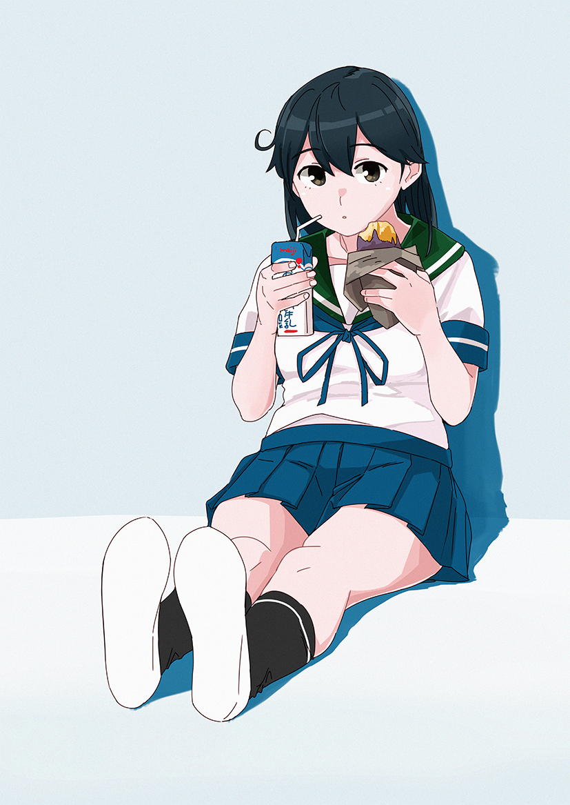 1girl ahoge black_hair black_legwear blue_sailor_collar blue_skirt brown_eyes drinking_straw food full_body grey_background juice_box kantai_collection kneehighs long_hair looking_at_viewer ojipon pleated_skirt sailor_collar school_uniform serafuku shadow shoes simple_background sitting skirt solo sweet_potato ushio_(kantai_collection) uwabaki