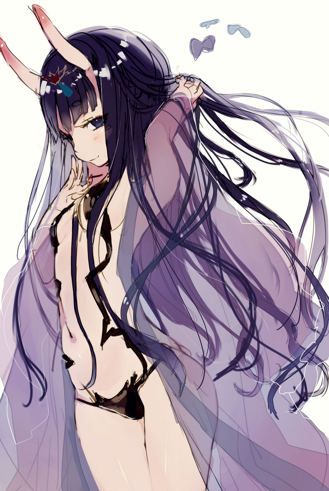 1girl alternate_hair_length alternate_hairstyle arched_back bangs blunt_bangs breasts closed_mouth commentary_request eyebrows_visible_through_hair eyes_visible_through_hair fate_(series) from_side gijxgij gradient_horns highres light_smile long_hair looking_at_viewer navel oni oni_horns purple_hair raised_eyebrows red_horns revealing_clothes see-through see-through_silhouette shuten_douji_(fate/grand_order) simple_background sketch small_breasts solo thick_eyebrows violet_eyes white_background