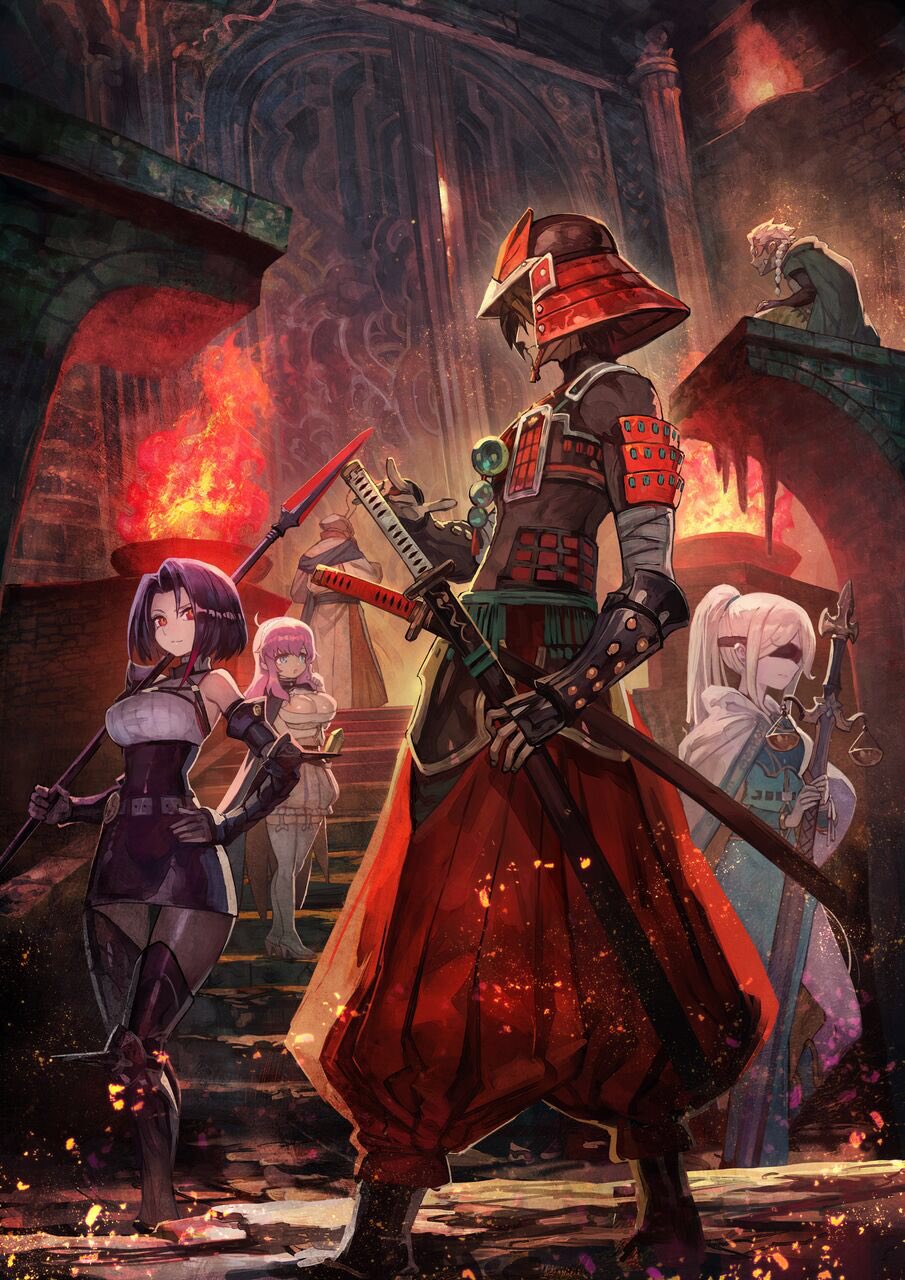 3boys 3girls armor baggy_pants blindfold blue_eyes braid breasts brown_hair character_request cleavage commentary_request cover cover_page dungeon fire goblin_slayer! helmet highres japanese_armor kabuto katana lack large_breasts multiple_boys multiple_girls novel_cover official_art pants pink_hair polearm purple_hair red_eyes spear staff sword vambraces weapon white_hair