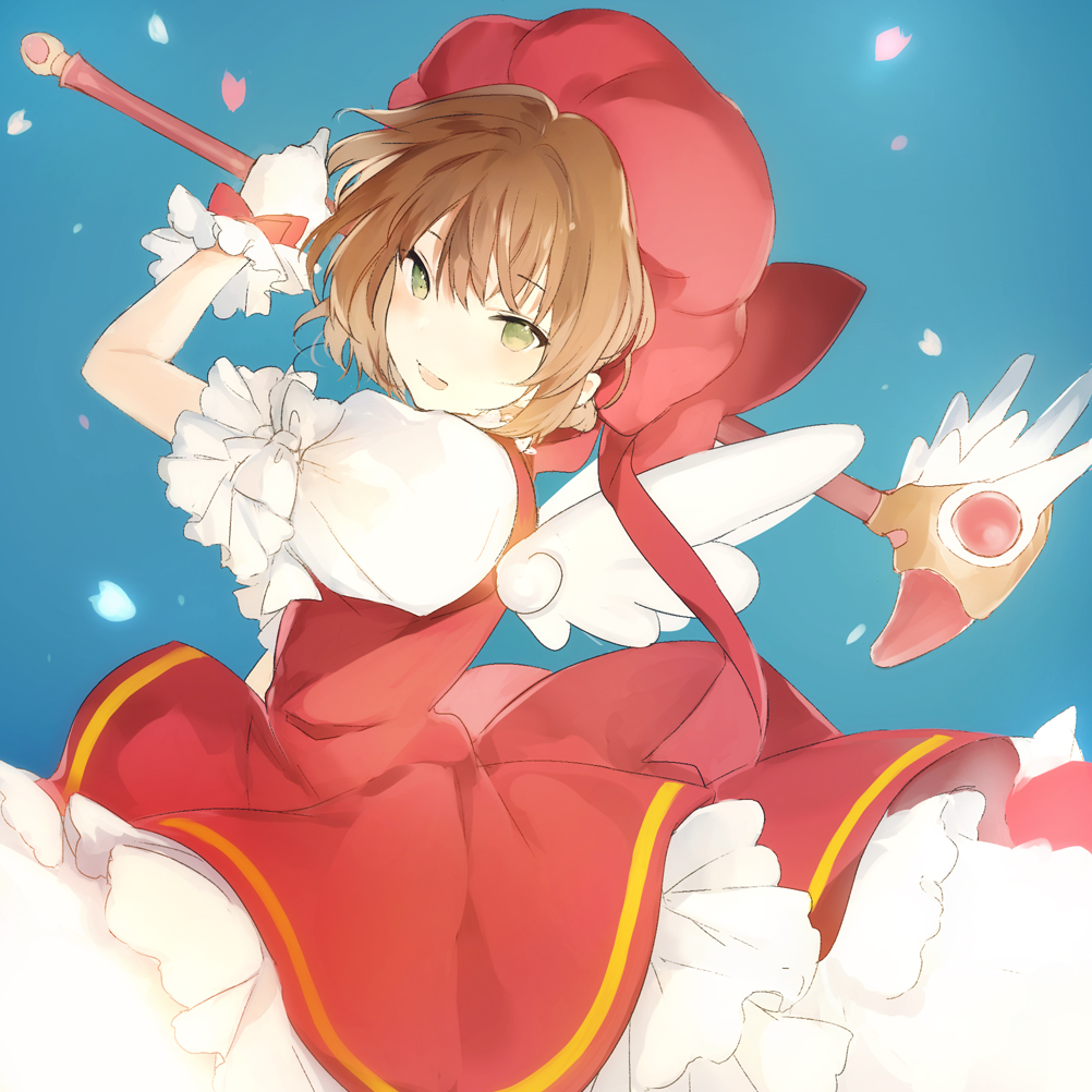 1girl bangs blue_background bow brown_hair card_captor_sakura commentary dress frilled_gloves frilled_sleeves frills fuuin_no_tsue gloves green_eyes hair_intakes holding kinomoto_sakura looking_at_viewer lpip magical_girl puffy_short_sleeves puffy_sleeves red_bow red_dress short_hair short_sleeves single_horizontal_stripe solo symbol_commentary white_gloves white_wings wings