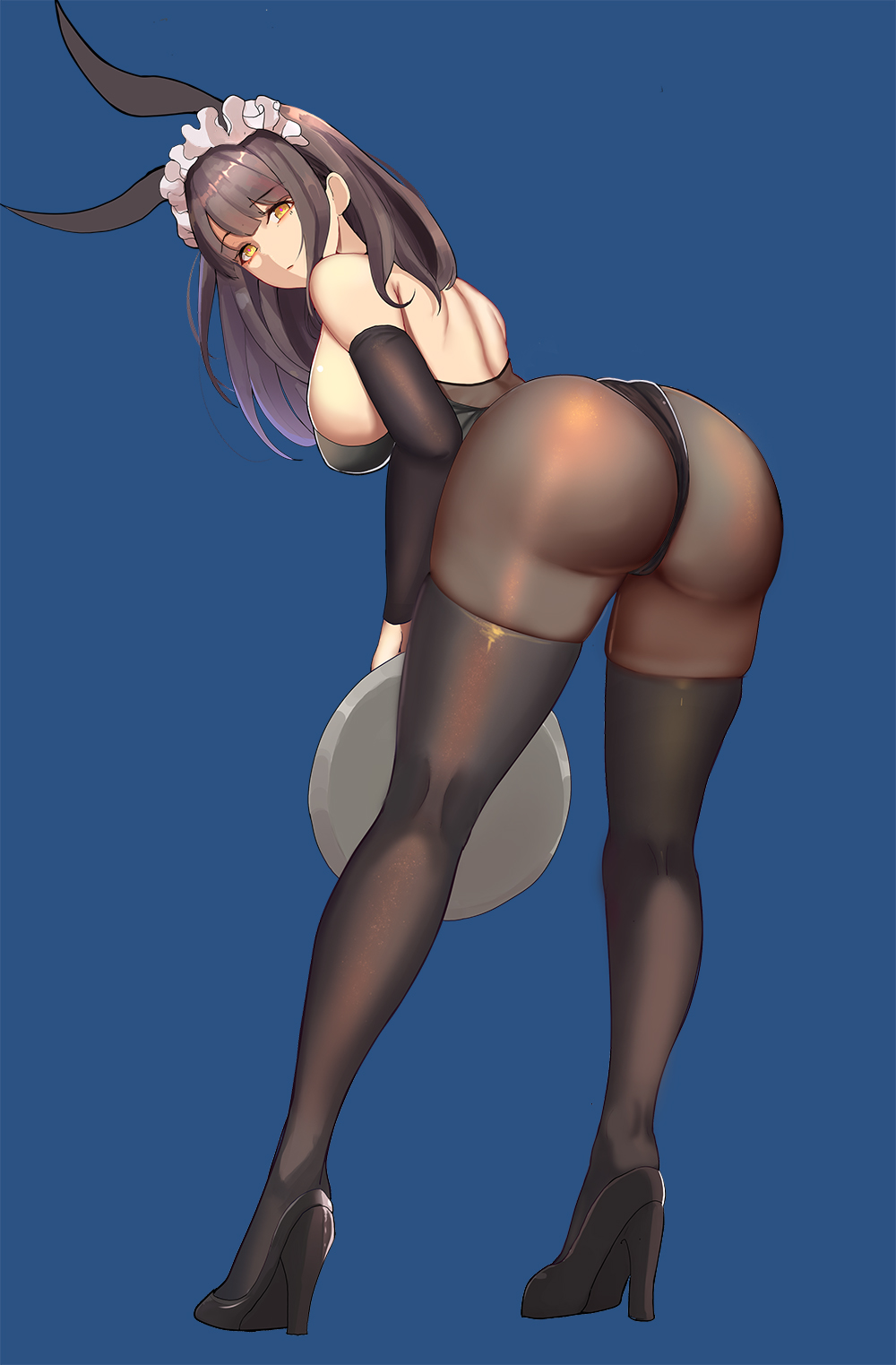 1girl animal_ears ass bare_shoulders bending_forward black_leotard blue_background breasts brown_hair bunny_girl bunny_tail cleavage detached_collar eyebrows_visible_through_hair fake_animal_ears from_behind full_body gg-e heels high_heels highres hips huge_ass large_breasts legs leotard long_hair looking_at_viewer original pantyhose rabbit_ears simple_background skindentation solo strapless strapless_leotard tail thick_thighs thigh-highs thighhighs_over_pantyhose thighs tray wide_hips wrist_cuffs yellow_eyes