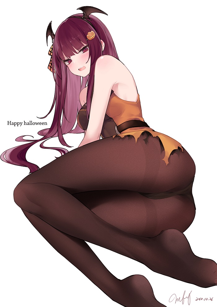 &gt;:o 1girl alternate_costume ass bare_arms bare_shoulders bat_wings belt black_hairband black_wings blush breasts brown_legwear commentary dated dress eyebrows_visible_through_hair food_themed_hair_ornament from_behind girls_frontline hair_ornament hair_ribbon hairband half_updo halloween happy_halloween head_wings long_hair lying medium_breasts mimelond no_shoes on_side open_mouth orange_dress panties panties_under_pantyhose pantyhose pumpkin_hair_ornament purple_hair red_eyes ribbon serious signature simple_background soles solo thighband_pantyhose torn_clothes torn_dress underwear upper_teeth very_long_hair violet_eyes wa2000_(girls_frontline) white_background wings