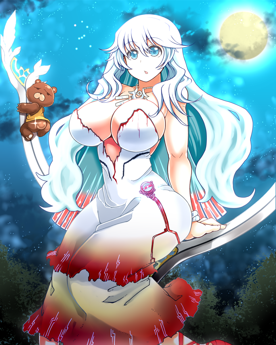 1girl artemis_(fate/grand_order) ass bare_shoulders blue_eyes breasts cleavage collarbone commentary_request dress fate/grand_order fate_(series) full_moon highres jewelry large_breasts long_hair looking_at_viewer moon necklace night open_mouth orion_(fate/grand_order) outdoors sitting stuffed_animal stuffed_toy teddy_bear white_hair yoroi_kabuto