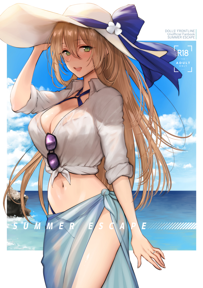 1girl blonde_hair breasts cleavage cover cover_page doujin_cover girls_frontline green_eyes hat jewelry large_breasts long_hair looking_at_viewer m1903_springfield_(girls_frontline) midriff navel o-ring ocean open_mouth ring round_teeth shoukaki_(earthean) smile solo sunglasses teeth thighs very_long_hair water