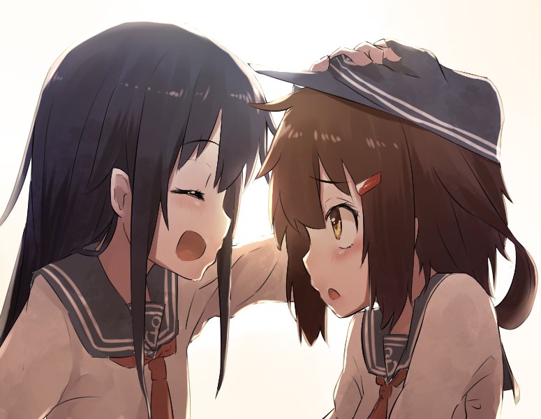 2girls akatsuki_(kantai_collection) anchor_symbol badge brown_eyes brown_hair closed_eyes commentary_request ears flat_cap hair_ornament hairclip hat ikazuchi_(kantai_collection) kantai_collection long_hair long_sleeves multiple_girls neckerchief open_mouth petting purple_hair red_neckwear sailor_collar school_uniform serafuku short_hair simple_background taisho_(gumiyuki)