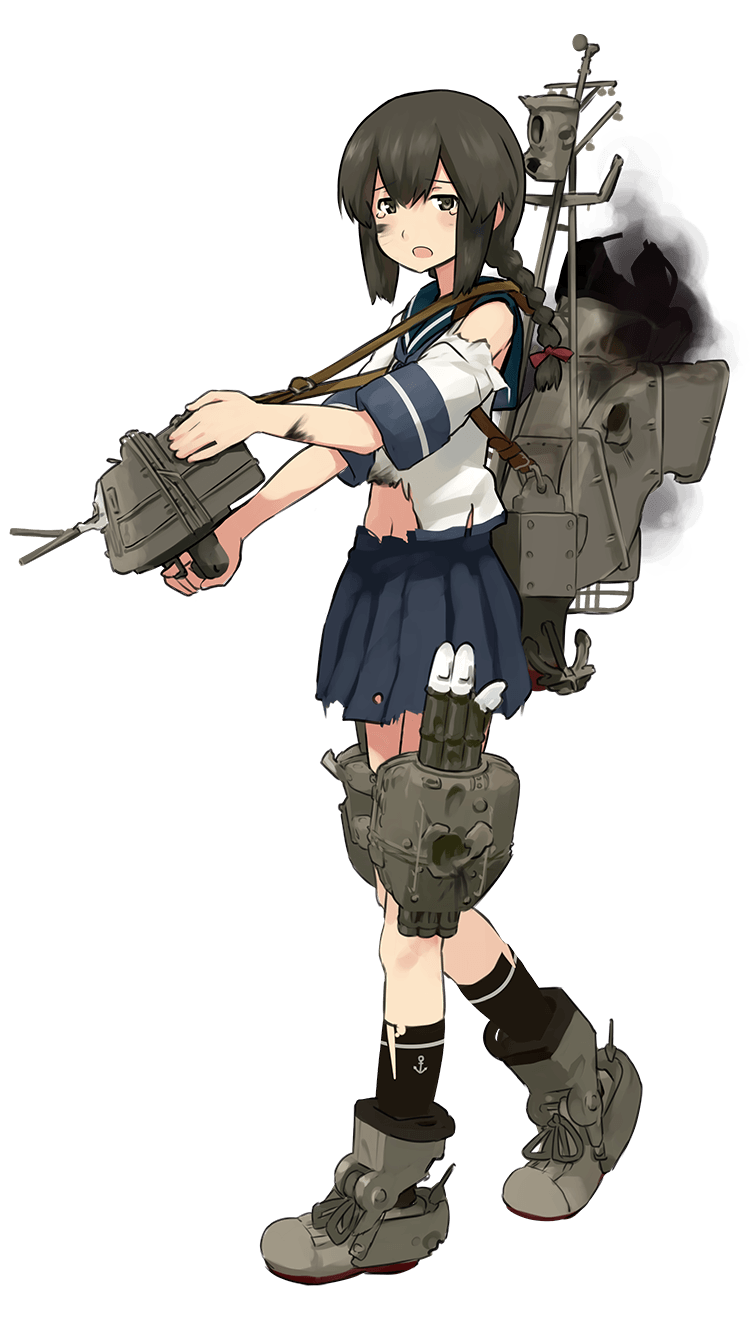1girl anchor blue_skirt boots bow braid brown_eyes brown_hair burnt_clothes damaged full_body hair_bow highres isonami_(kantai_collection) kantai_collection official_art open_mouth ponytail red_bow school_uniform serafuku shibafu_(glock23) sidelocks skirt smoke smokestack socks solo soot strap tareme tearing_up torn_clothes torpedo_launcher torpedo_tubes transparent_background turret