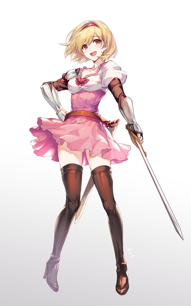 1girl :d aki663 bangs black_legwear blonde_hair blush boots breasts brown_eyes brown_legwear collarbone cowboy_shot djeeta_(granblue_fantasy) dress eyebrows_visible_through_hair full_body gauntlets gluteal_fold granblue_fantasy hair_between_eyes hairband high_heel_boots high_heels holding holding_sword holding_weapon juliet_sleeves legs_apart long_sleeves looking_at_viewer medium_breasts open_mouth pink_dress puffy_short_sleeves puffy_sleeves red_hairband sheath short_dress short_hair short_sleeves signature simple_background smile solo standing sword thigh-highs thigh_boots unsheathed weapon white_background zettai_ryouiki