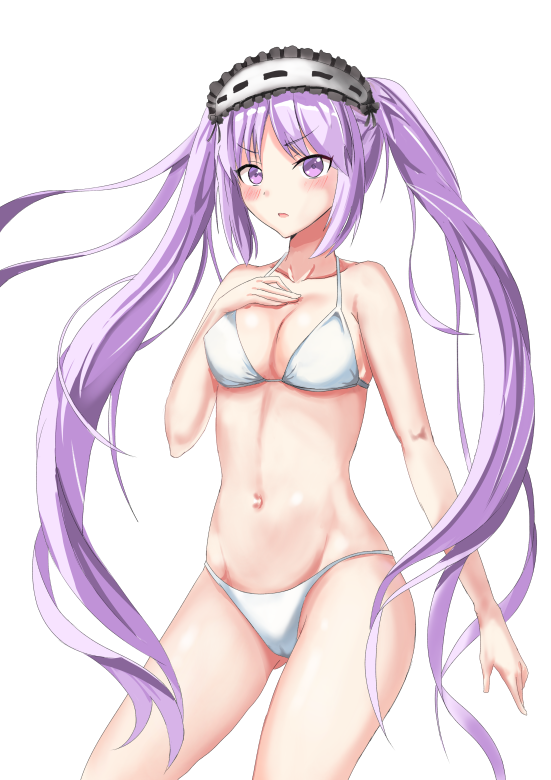 1girl bikini breasts cleavage cowboy_shot euryale fate/grand_order fate/hollow_ataraxia fate_(series) frilled_hairband frills hairband hands_on_own_chest headdress looking_at_viewer medium_breasts purple_hair ryuunonon simple_background solo standing swimsuit twintails violet_eyes white_background white_bikini