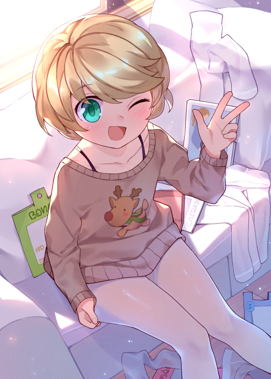 1boy blonde_hair closers collarbone commentary_request couch day eyebrows_visible_through_hair eyes_visible_through_hair green_eyes indoors long_sleeves mistilteinn_(closers) pantyhose pantyhose_removed short_hair sitting solo sweater trap tsubasa_tsubasa w white_legwear window