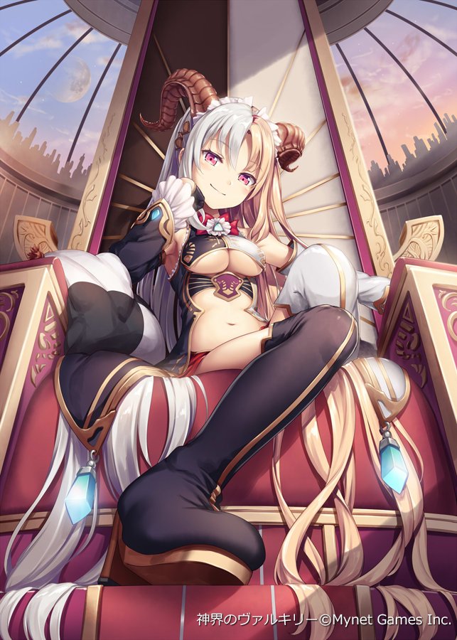 1girl absurdly_long_hair akkijin blonde_hair boots breasts cleavage demon_girl demon_horns dome high_heel_boots high_heels horns indoors long_hair looking_at_viewer looking_down medium_breasts multicolored_hair official_art pink_eyes shinkai_no_valkyrie silver_hair sitting throne two-tone_hair two-tone_legwear very_long_hair