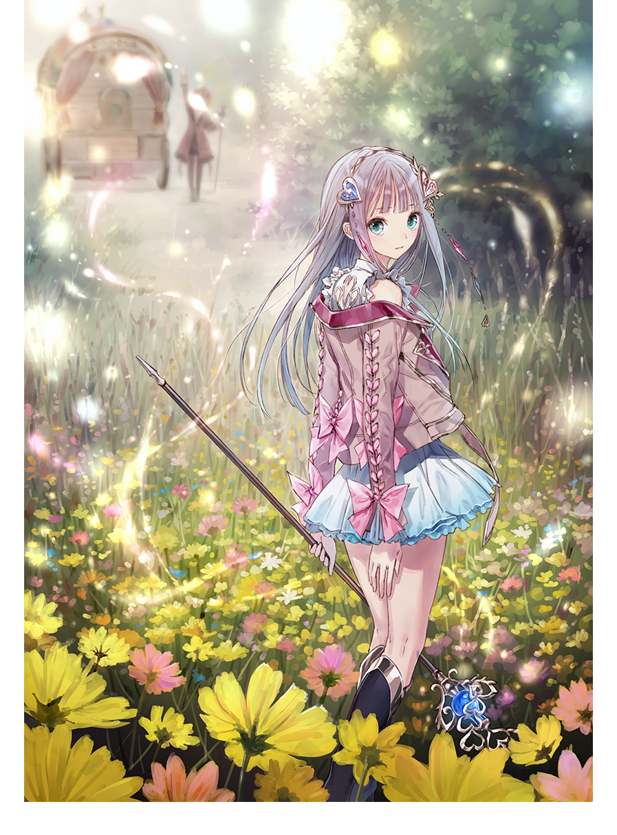 2girls atelier_(series) atelier_lulua bangs bare_shoulders blunt_bangs boots elmerulia_fryxell field flower flower_field green_eyes grey_hair hairband highres jacket key_visual kishida_mel long_hair long_sleeves looking_at_viewer looking_back miniskirt multiple_girls official_art rororina_fryxell skirt staff wagon white_skirt