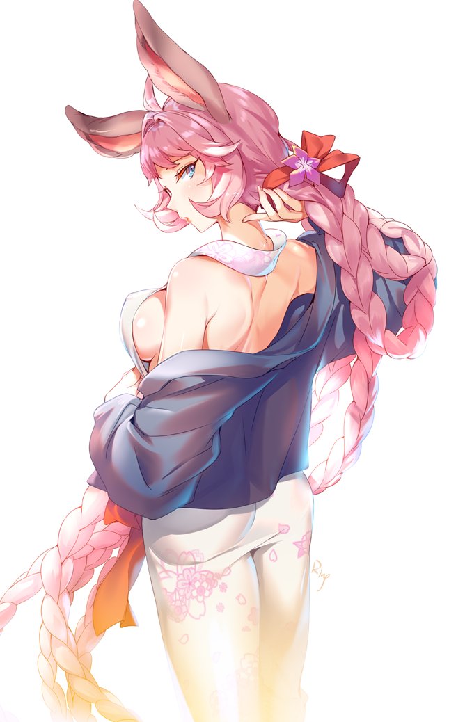 1girl absurdly_long_hair ahoge aki663 alternate_costume animal_ears ass back bangs bare_shoulders blue_eyes blush breasts commentary_request cowboy_shot erect_nipples erune esser eyebrows_visible_through_hair eyelashes eyeshadow fingernails floral_print flower from_behind granblue_fantasy hair_flower hair_ornament hair_ribbon japanese_clothes kimono lips long_eyelashes long_fingernails long_hair looking_at_viewer looking_back makeup medium_breasts nape obi parted_lips pink_hair pink_lips print_kimono red_ribbon ribbon sash shoulder_blades sideboob simple_background solo standing swimsuit upper_body very_long_hair wide_sleeves