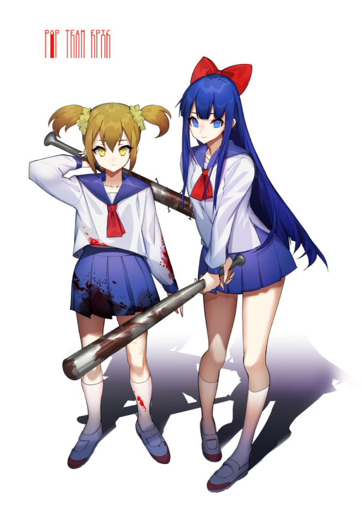 2girls baseball_bat blood bloody_clothes bloody_weapon blue_eyes bow breasts hair_bow kneehighs long_hair looking_at_viewer multiple_girls pipimi pleated_skirt poptepipic popuko school_uniform serafuku shoes skirt two_side_up uwabaki weapon white_legwear yellow_eyes yutoriro