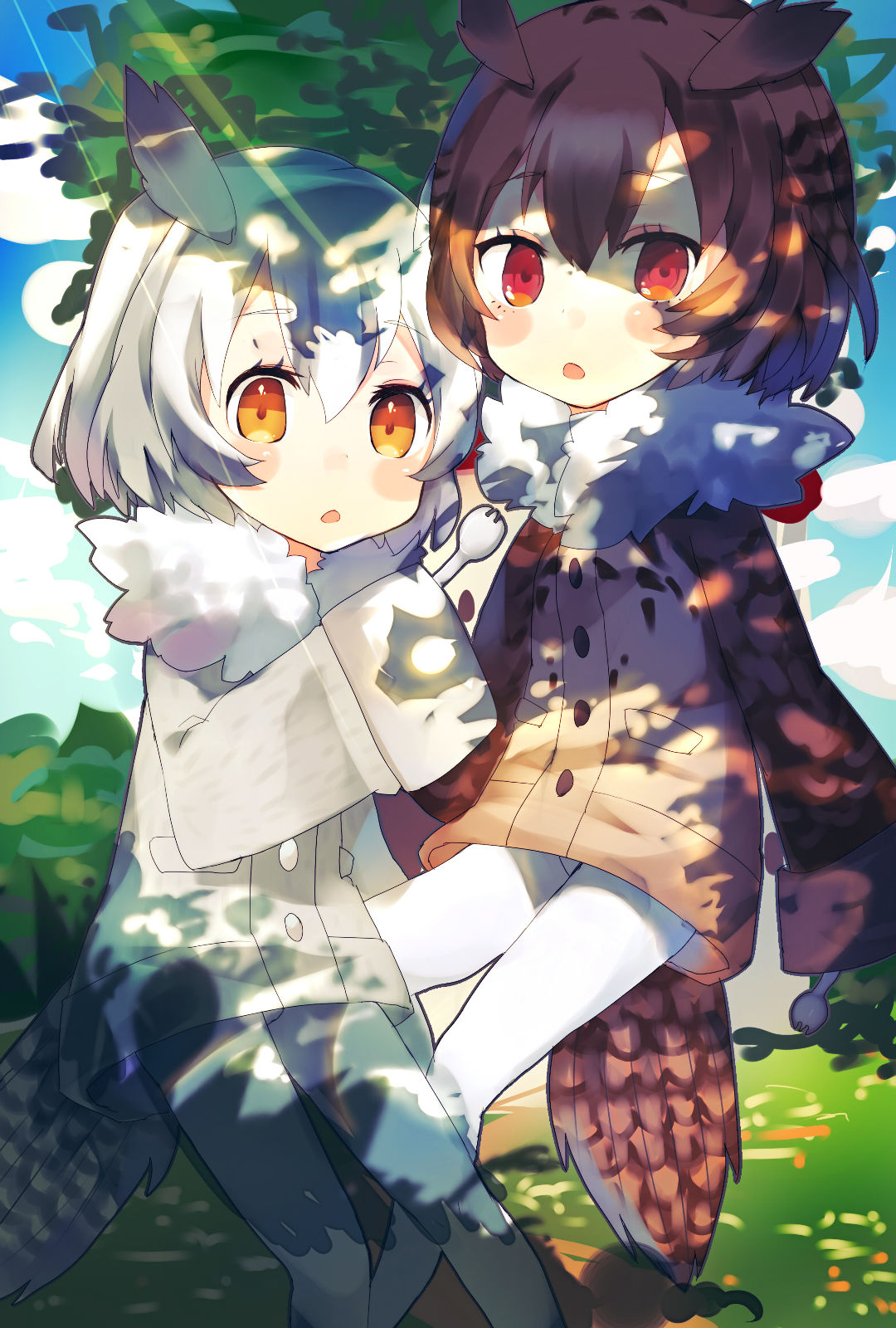 2girls bangs bird_tail blue_sky blush_stickers bob_cut brown_coat brown_hair brown_sleeves buttons chestnut_mouth clouds cloudy_sky coat commentary_request dappled_sunlight day disconnected_mouth eurasian_eagle_owl_(kemono_friends) eyebrows_visible_through_hair eyelashes feet_out_of_frame fur_collar gijxgij hair_between_eyes head_wings highres holding kemono_friends light_rays long_sleeves looking_at_viewer multicolored_hair multiple_girls northern_white-faced_owl_(kemono_friends) open_mouth orange_eyes outdoors pantyhose parted_bangs raglan_sleeves raised_eyebrows short_hair sky sleeves_past_fingers sleeves_past_wrists streaked_hair sunbeam sunlight tail white_coat white_hair white_legwear wide_sleeves winter_clothes winter_coat