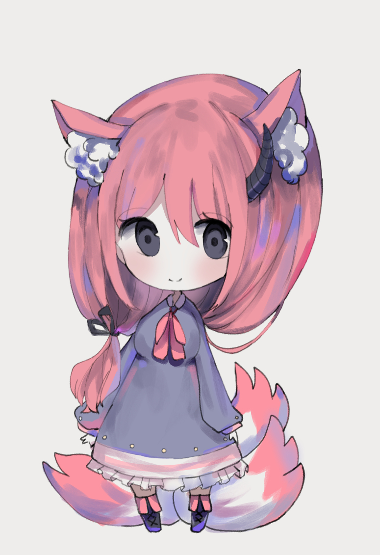 1girl animal_ear_fluff animal_ears bangs black_eyes black_footwear black_ribbon blush boots breasts closed_mouth collared_dress cottontailtokki dress eyebrows_visible_through_hair fox_ears fox_girl fox_tail full_body grey_background grey_dress hair_between_eyes hair_ribbon horn kitsune knee_boots long_hair long_sleeves looking_at_viewer medium_breasts original puffy_long_sleeves puffy_sleeves red_eyes red_ribbon ribbon simple_background smile solo standing tail very_long_hair