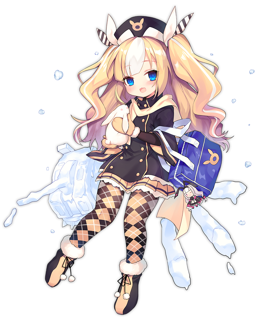 /\/\/\ 1girl :d :q ;d animal argyle argyle_legwear azur_lane bag bag_charm black_dress black_footwear black_hat blonde_hair blue_eyes blush brown_mittens character_doll charm_(object) diagonal_stripes dress full_body fur-trimmed_boots fur-trimmed_mittens fur_trim hair_ribbon hat head_tilt holding holding_animal kalk_(azur_lane) long_hair long_sleeves looking_at_viewer mittens multicolored_hair official_art one_eye_closed open_mouth pantyhose rabbit ribbon school_bag smile streaked_hair striped striped_ribbon tongue tongue_out transparent_background two_side_up utm very_long_hair white_hair white_ribbon wide_sleeves