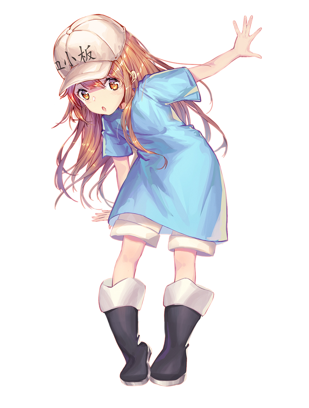 1girl black_footwear blonde_hair blue_shirt boots brown_eyes character_name floating_hair hair_between_eyes haitang hat hataraku_saibou highres leaning_forward long_hair open_mouth outstretched_arm platelet_(hataraku_saibou) shiny shiny_hair shirt short_shorts short_sleeves shorts simple_background solo standing very_long_hair white_background white_hat white_shorts