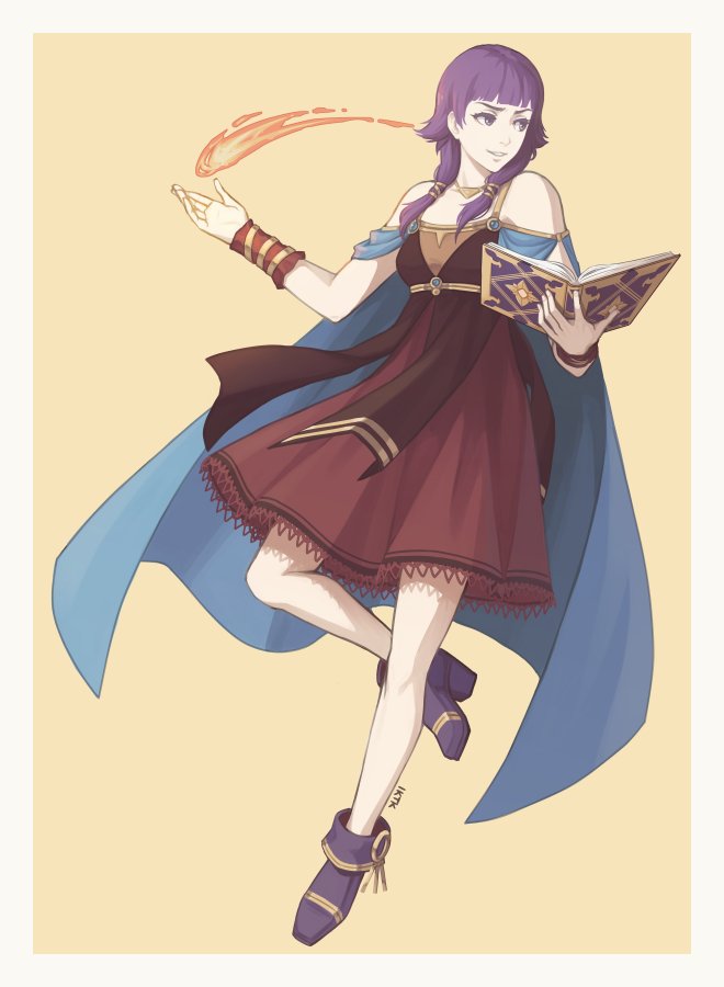 1girl bare_shoulders book cape dress fire_emblem fire_emblem:_seima_no_kouseki holding iktk jewelry long_hair lute_(fire_emblem) nintendo purple_hair short_hair simple_background smile solo twintails violet_eyes