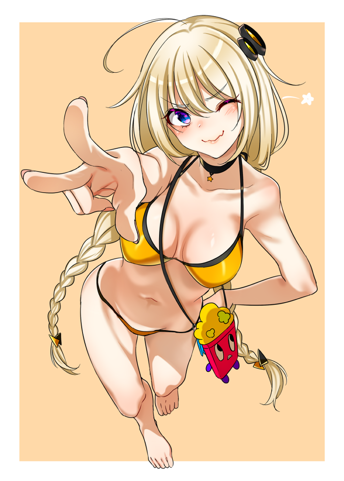 1girl ;) ahoge arm_up barefoot bikini blonde_hair blue_eyes blush braid breasts choker cleavage collarbone from_above hair_ornament hand_on_hip kizuna_akari long_hair looking_at_viewer medium_breasts navel one_eye_closed shiny shiny_hair single_braid smile solo swimsuit v-shaped_eyebrows very_long_hair voiceroid yellow_bikini yodare_(3yami8)