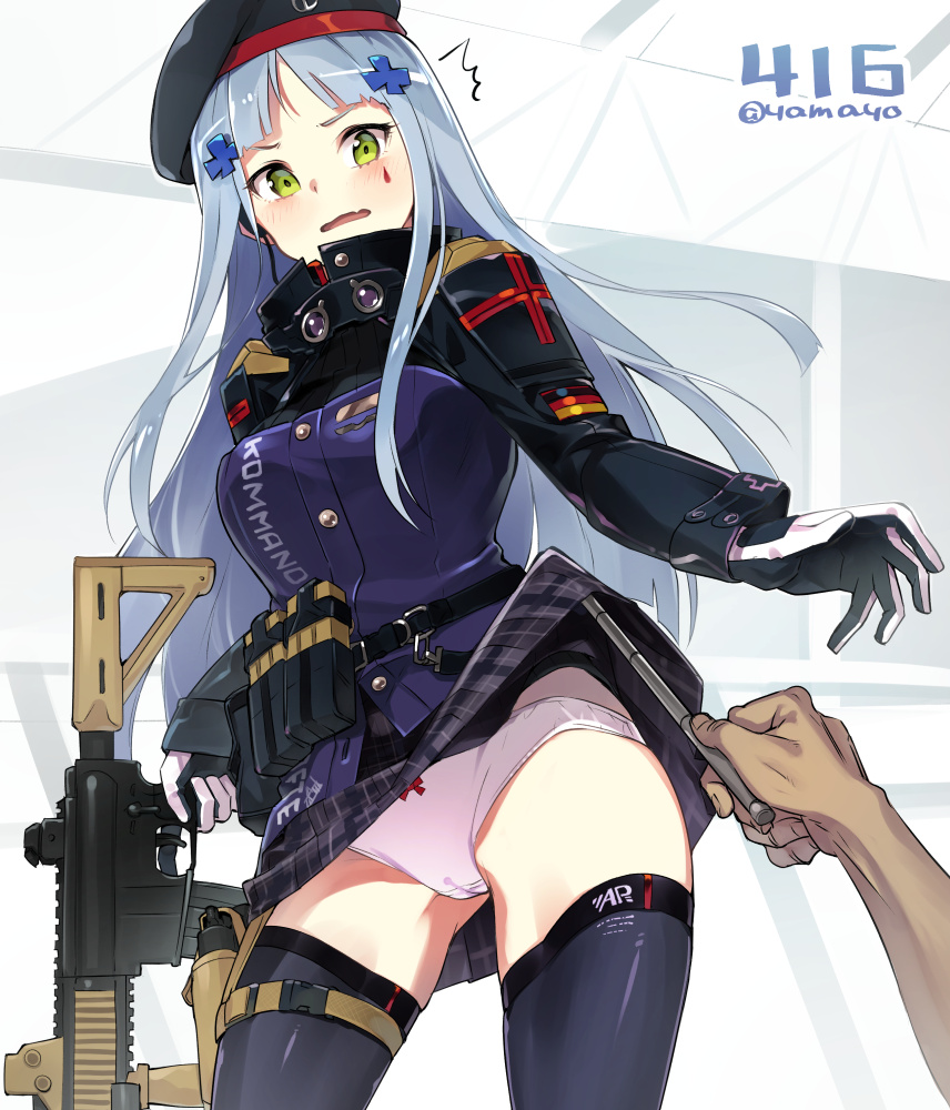 1girl assault_rifle bangs beret black_legwear blunt_bangs blush breasts character_name clothes_writing embarrassed eyebrows_visible_through_hair facial_mark german_flag girls_frontline gloves green_eyes gun hair_ornament hat heckler_&amp;_koch hk416 hk416_(girls_frontline) holding holding_gun holding_weapon jacket long_hair looking_at_viewer magazine_(weapon) medium_breasts open_mouth panties pink_panties plaid plaid_skirt rifle silver_hair skirt skirt_lift super_zombie surprised teardrop thigh-highs thighs twitter_username underwear very_long_hair weapon