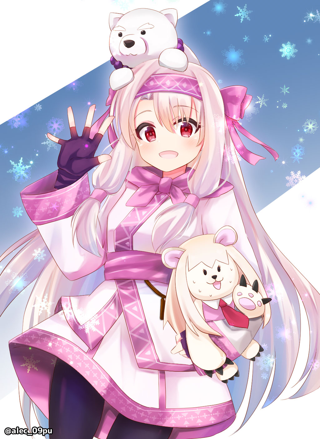 1girl :d ainu_clothes alec-gdlk animal animal_on_head black_legwear blue_background blush bow breasts commentary_request dutch_angle fate/grand_order fate_(series) fingerless_gloves gloves hair_bow hairband hand_up highres illyasviel_von_einzbern light_brown_hair long_hair long_sleeves looking_at_viewer object_hug on_head open_mouth pantyhose purple_bow purple_gloves purple_hairband red_eyes sidelocks sitonai small_breasts smile snowflakes solo stuffed_animal stuffed_toy sweat twitter_username two-tone_background very_long_hair white_background wide_sleeves