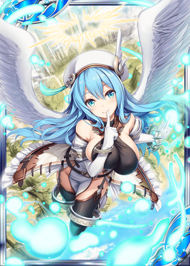 1girl akkijin angel angel_wings bare_shoulders blue_eyes blue_hair breasts card_(medium) city cleavage finger_to_mouth flying gauntlets gloves halo hat hitodama large_breasts looking_at_viewer official_art shinkai_no_valkyrie thigh-highs white_gloves wings