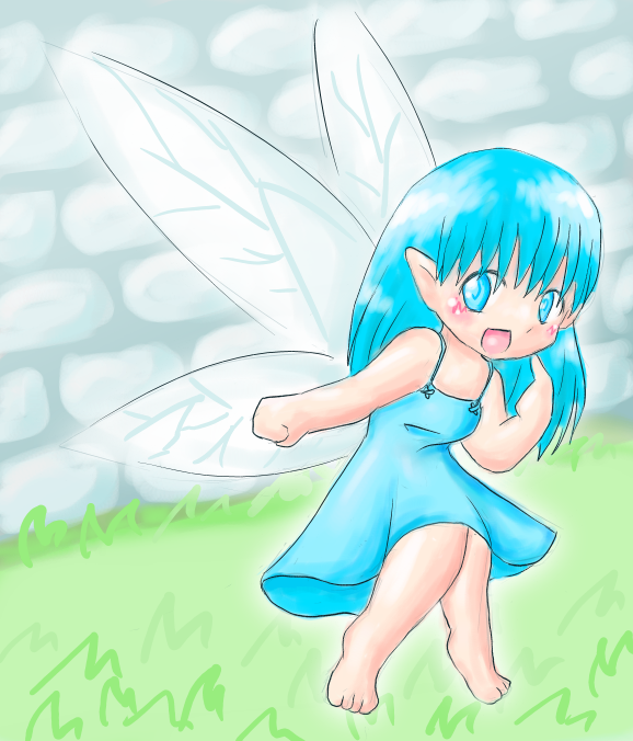 1girl aqua_hair blackwater-hime blue_eyes blush chibi cute dress elf fairy fairy_wings grass navi nintendo no_footwear open_mouth pointy_ears solo the_legend_of_zelda the_legend_of_zelda:_ocarina_of_time wall wings