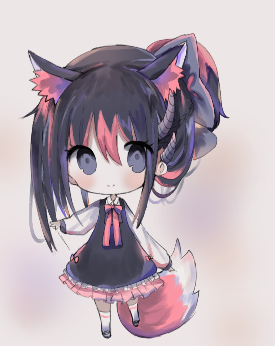 1girl animal_ear_fluff animal_ears bangs black_bow black_dress black_eyes black_footwear black_hair blush bow brown_background chibi closed_mouth collared_shirt cottontailtokki dress eyebrows_visible_through_hair fox_ears fox_girl fox_tail frilled_dress frills full_body hair_between_eyes hair_bow horns kneehighs long_sleeves mary_janes multicolored_hair one_side_up original puffy_long_sleeves puffy_sleeves red_bow redhead shirt shoes simple_background sleeveless sleeveless_dress smile solo standing standing_on_one_leg streaked_hair tail white_legwear white_shirt