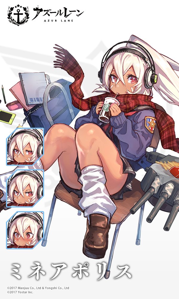 1girl azur_lane bag brown_footwear chair character_name closed_mouth company_name copyright_name cup dark_skin drinking_straw duffel_bag expressions headphones holding holding_cup loafers logo long_sleeves looking_at_viewer mephist-pheles minneapolis_(azur_lane) notebook official_art pencil ponytail red_eyes red_scarf scarf shoes socks solo white_hair white_legwear