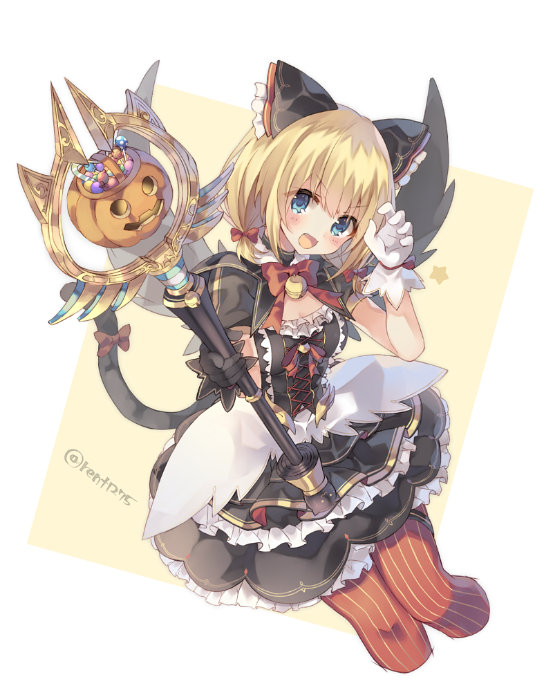 1girl animal_ears bangs black_gloves blonde_hair blue_eyes blush bow breasts cat_ears cat_girl cat_tail cropped_legs dress frilled_dress frills gloves halloween head_tilt jack-o'-lantern mismatched_gloves open_mouth original pumpkin rento_(rukeai) ribbon short_hair smile solo striped striped_legwear tail white_gloves