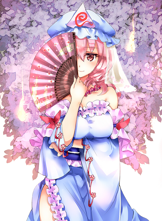 1girl adapted_costume arm_garter arm_under_breasts bare_shoulders blue_dress blue_hat blush bow breasts cleavage commentary_request covered_eyes cowboy_shot dress fan floral_print flower flower_necklace folding_fan frills hat holding holding_fan jewelry large_breasts long_hair long_sleeves looking_at_viewer mob_cap nagare necklace off-shoulder_dress off_shoulder petals pink_eyes pink_flower pink_hair red_bow ribbon-trimmed_dress ribbon_trim saigyouji_yuyuko side_slit simple_background solo standing touhou triangular_headpiece veil white_background wide_sleeves