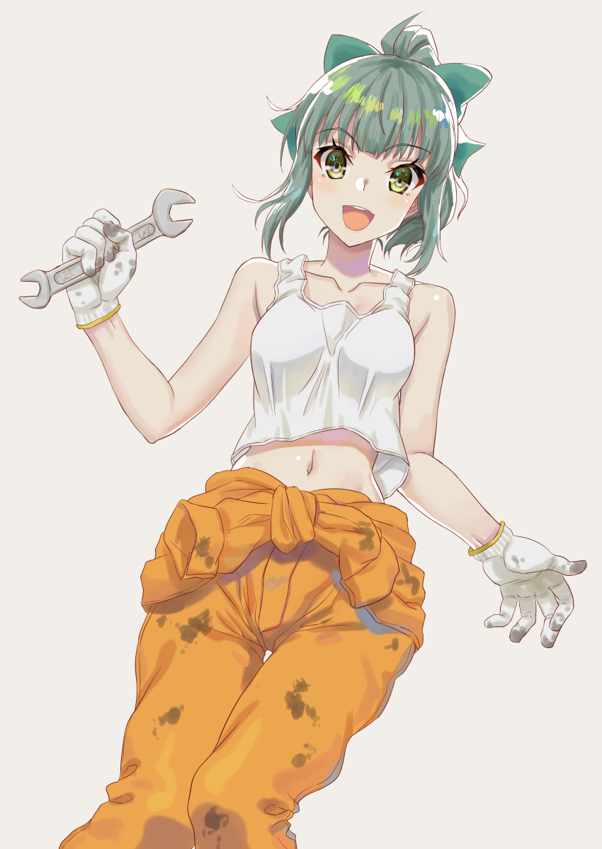 1girl alternate_costume bare_shoulders bow collarbone dirty_clothes gloves green_eyes green_hair hair_bow highres holding_wrench jumpsuit kantai_collection looking_at_viewer midriff navel open_mouth ponytail same_no_fukahire simple_background solo tank_top white_gloves wrench yuubari_(kantai_collection)