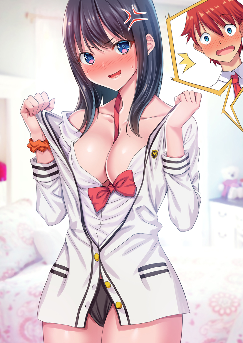 1boy 1girl bangs bed black_hair black_panties blue_eyes blush bow bowtie breasts cardigan cleavage clothes_pull collarbone collared_shirt commentary_request couple eyebrows_visible_through_hair hetero hibiki_yuuta holding_clothes hoshi_ichi long_hair long_sleeves medium_breasts open_clothes open_shirt orange_scrunchie panties pillow red_bow red_neckwear redhead school_uniform scrunchie shirt short_hair ssss.gridman sweater takarada_rikka thigh-highs thighs underwear white_cardigan white_shirt white_sweater wing_collar wrist_scrunchie