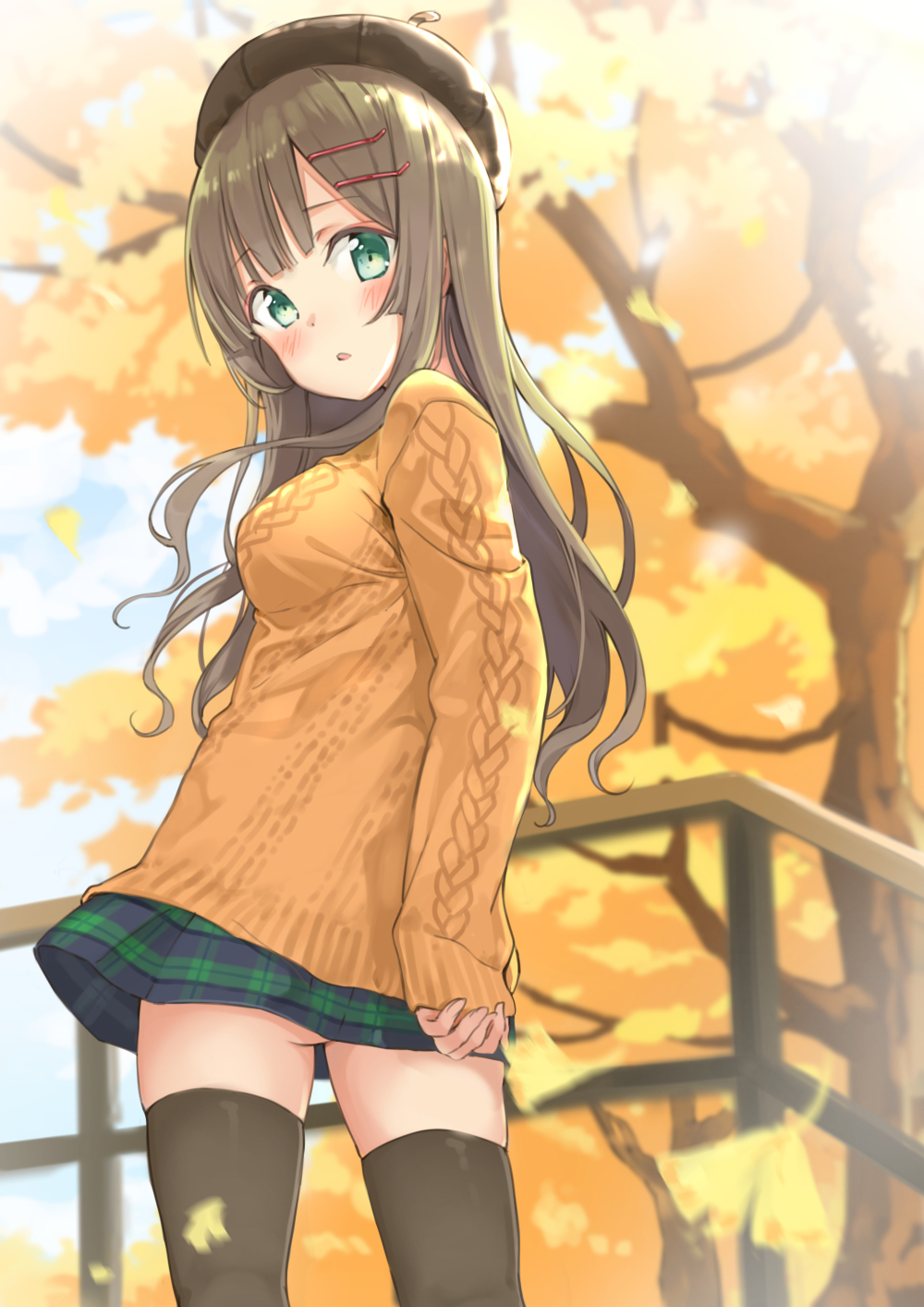1girl autumn autumn_leaves beret black_legwear blurry blush breasts brown_hair brown_hat brown_sweater casual commentary_request contemporary cowboy_shot depth_of_field eyebrows_visible_through_hair fence from_behind green_eyes green_skirt hair_ornament hairclip hat highres long_hair looking_at_viewer maigoyaki medium_breasts miniskirt open_mouth original outdoors plaid plaid_skirt ribbed_sweater skirt sleeves_past_wrists solo sweater thigh-highs tree