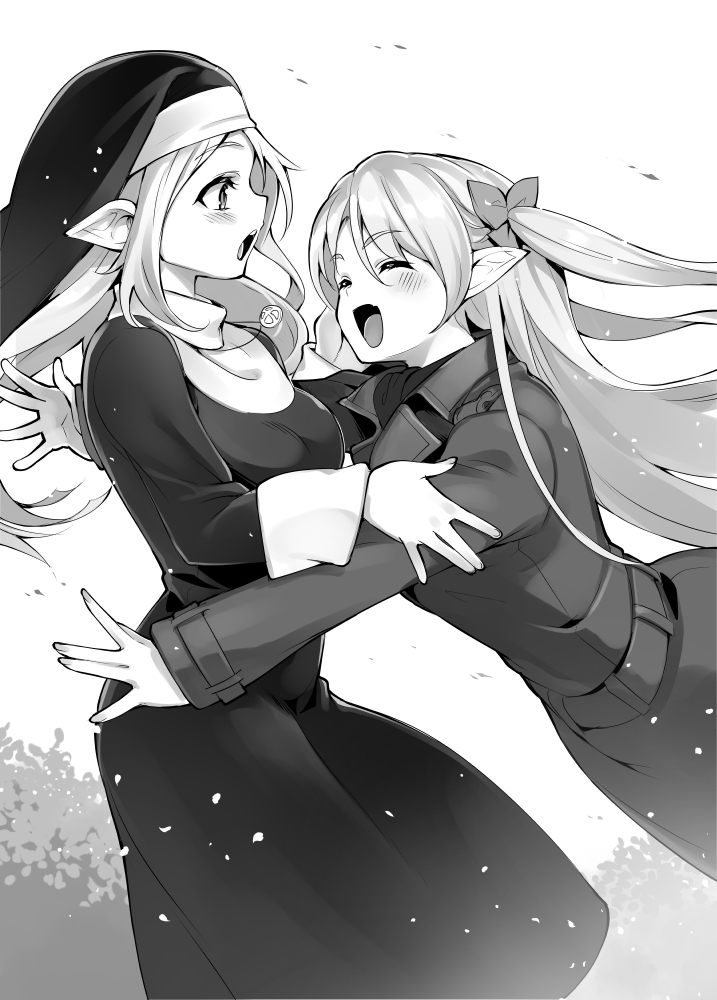 2girls :o blush elf greyscale habit hug jewelry long_hair looking_at_another monochrome multiple_girls necklace novel_illustration nun official_art ossan_boukensha_kane_no_zenkou outdoors pointy_ears standing super_zombie