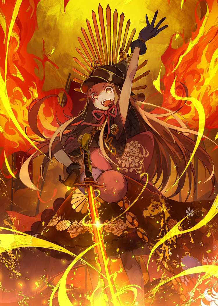 1girl :d arm_up black_capelet black_gloves black_hat black_skirt brown_eyes brown_hair brown_legwear capelet chacha_(fate/grand_order) commentary_request fate/grand_order fate_(series) fire flag flaming_sword fur-trimmed_gloves fur-trimmed_skirt fur_trim gloves glowing glowing_sword glowing_weapon hand_on_hip hat long_hair looking_at_viewer open_mouth pantyhose peaked_cap sanshouuo skirt smile solo standing v-shaped_eyebrows very_long_hair weapon