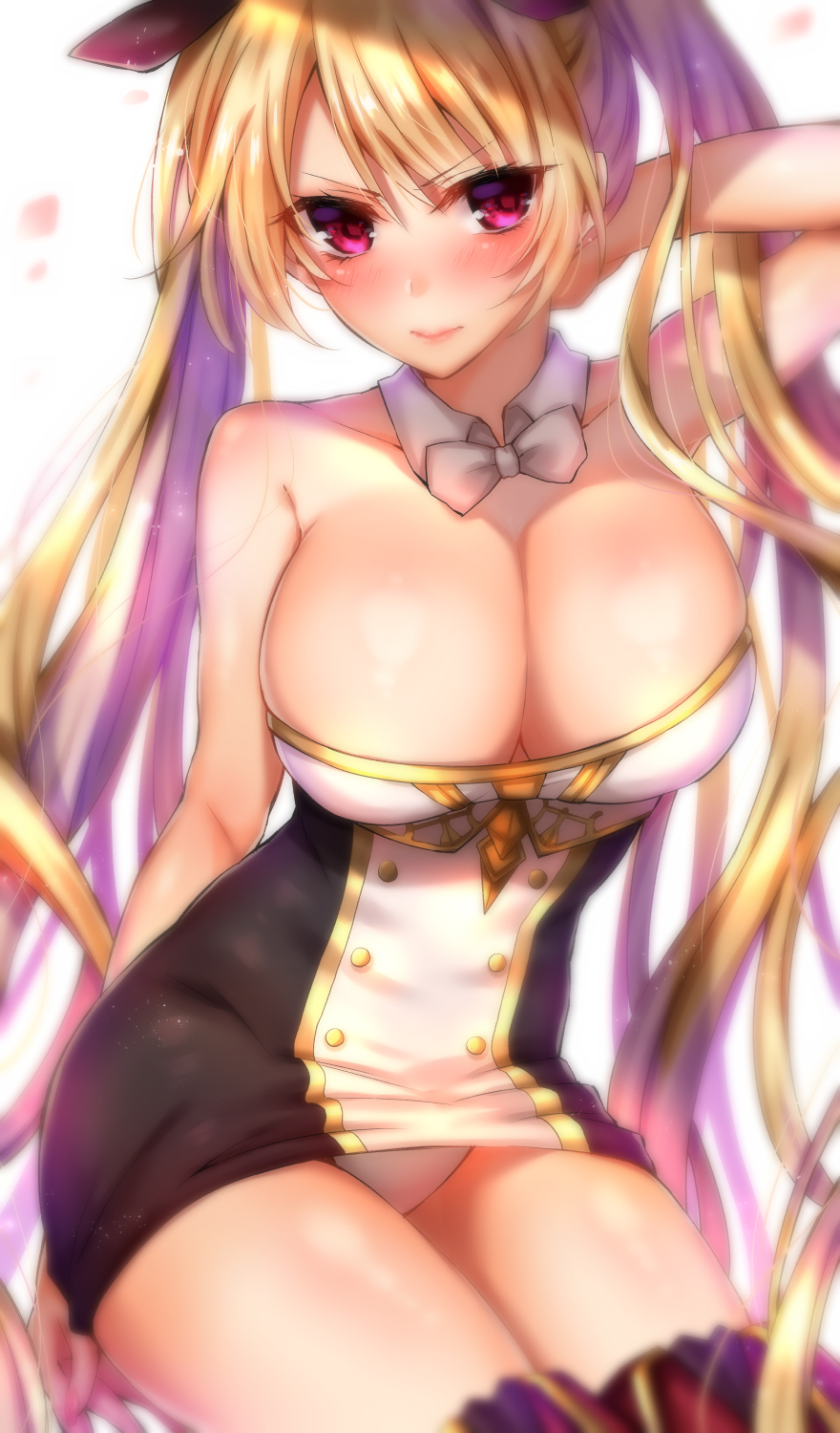&gt;:) 1girl arm arm_behind_back arm_up asymmetrical_bangs azur_lane bangs bare_arms bare_legs bare_shoulders black_ribbon blonde_hair blurry blush bow bowtie breasts cleavage closed_mouth collarbone detached_collar dress eyebrows_visible_through_hair female hair_ribbon hand_behind_head highres large_breasts legs lips long_hair looking_at_viewer multicolored multicolored_clothes multicolored_dress neck nelson_(azur_lane) panties pantyshot pantyshot_(sitting) red_eyes ribbon shade short_dress sidelocks sitting skindentation smile solo strapless strapless_dress thigh-highs thighs tsurime tube_dress twintails underwear very_long_hair wavy_hair white_neckwear white_panties yamatohotaru_sakura