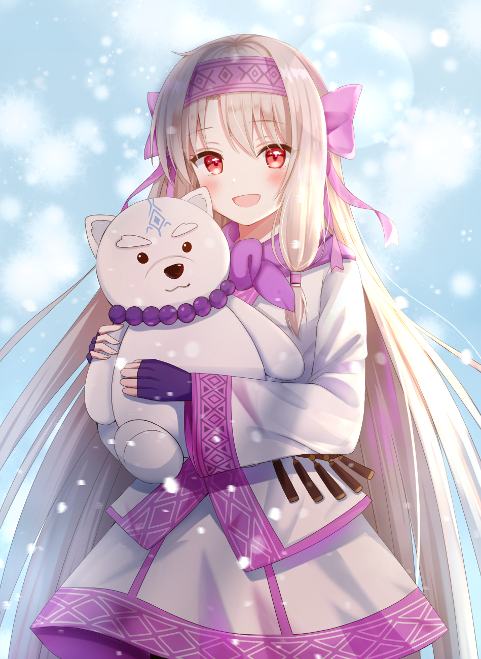 1girl :d ainu_clothes bangs blue_sky blush bow day eyebrows_visible_through_hair fate/grand_order fate_(series) fingerless_gloves fingernails gloves hair_between_eyes hair_bow hairband highres illyasviel_von_einzbern light_brown_hair long_hair long_sleeves looking_at_viewer nasii object_hug open_mouth outdoors pink_bow pink_hairband purple_gloves red_eyes sidelocks sitonai sky smile snow solo stuffed_animal stuffed_toy teddy_bear very_long_hair wide_sleeves