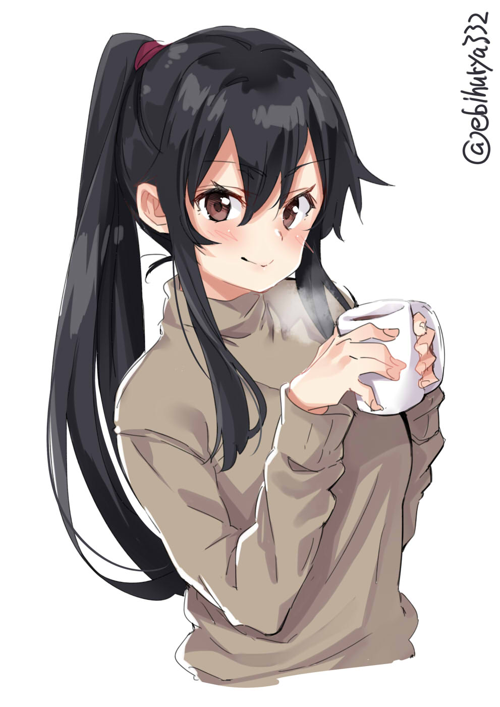 1girl alternate_costume black_hair blush brown_eyes brown_sweater casual contemporary cup ebifurya eyebrows_visible_through_hair hair_between_eyes highres kantai_collection light_smile long_hair looking_at_viewer ponytail sidelocks simple_background smile steam sweater turtleneck turtleneck_sweater twitter_username upper_body very_long_hair white_background yahagi_(kantai_collection)