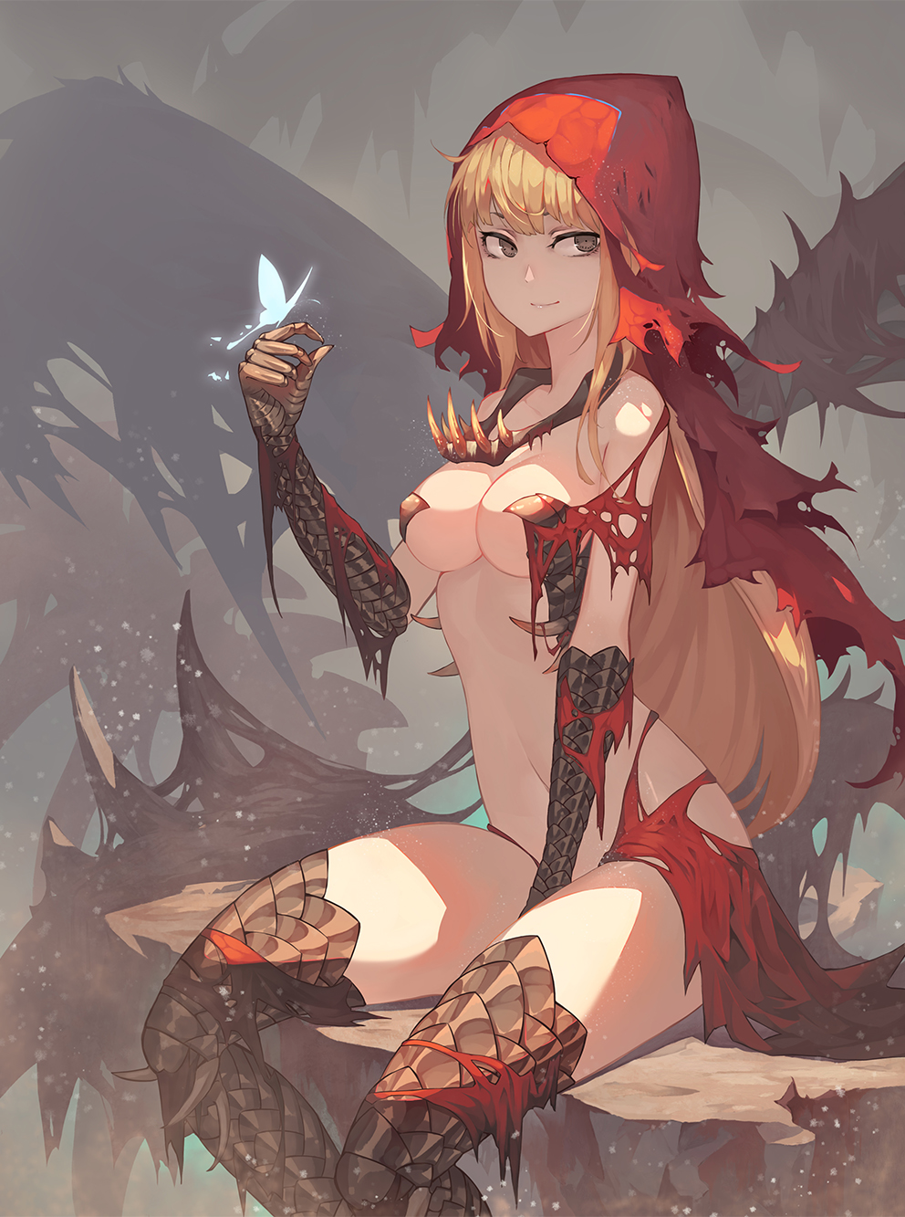 1girl bangs bare_shoulders between_legs bone breasts bug butterfly capelet cleavage closed_mouth commentary_request dragon_girl fang_necklace glowing_butterfly grey_eyes hand_between_legs highres hood hood_up insect long_hair looking_at_viewer medium_breasts monster_hunter monster_hunter:_world navel personification red_capelet red_hood scales sitting smile solo tattered_cape vaal_hazak very_long_hair xuan_(pixiv31113827)