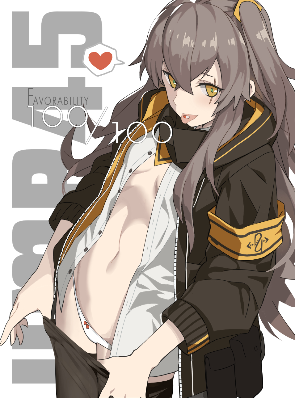 1girl :p black_legwear breasts girls_frontline grey_hair heart highres hood hooded_jacket jacket long_hair looking_at_viewer ningen_(ningen96) open_clothes panties pantyhose pantyhose_pull pill scar scar_across_eye smile solo spoken_heart tongue tongue_out ump45_(girls_frontline) underwear very_long_hair white_panties yellow_eyes