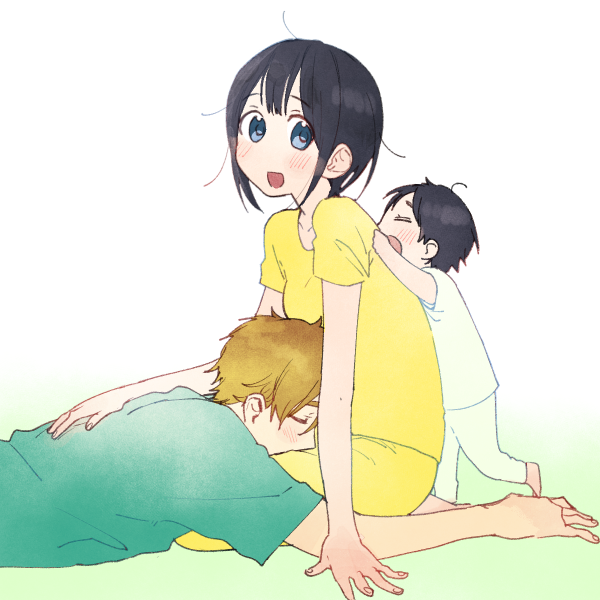 1girl 2boys :d alternate_hair_length alternate_hairstyle black_hair blue_eyes blush brown_hair child closed_eyes family green_shirt hand_on_another's_back hetero if_they_mated kitashirakawa_tamako lap_pillow looking_at_viewer momose_(oqo) multiple_boys ooji_mochizou open_mouth pants shirt short_hair short_sleeves sitting sleeping smile tamako_market white_pants white_shirt yellow_shirt