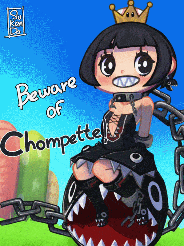 &gt;_&lt; 1girl :d ahoge animated animated_gif ankle_cuffs artist_name bangs bare_shoulders barking black_dress black_eyes black_hair black_legwear blunt_bangs blush boots bound bound_wrists chain_chomp chains clouds collar collarbone covered_navel cross-laced_clothes cuffs day dress earrings elbow_gloves english flat_chest gloves grass handcuffs hill huge_filesize jewelry knee_boots super_mario_bros. new_super_mario_bros._u_deluxe nintendo open_mouth outdoors princess_chain_chomp sharp_teeth short_eyebrows short_hair sitting sky smile solo_focus sukendo super_crown teeth wrist_cuffs