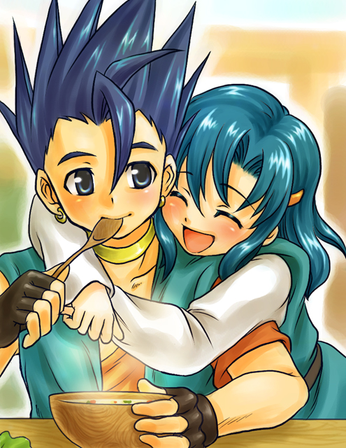 blush bowl brother_and_sister demerin dragon_quest dragon_quest_vi eating fingerless_gloves food gloves hero_(dq6) holding holding_spoon hug siblings soup spoon tania
